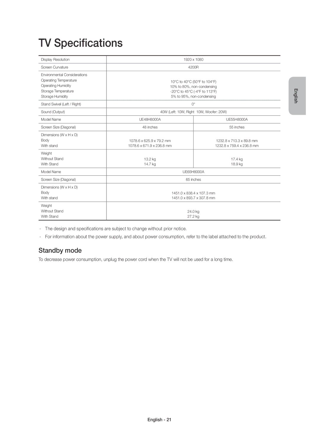 Samsung UE55H8000ATXRU, UE65H8000ATXRU, UE55H8000ATXUZ, UE48H8000ATXMS, UE55H8000ATXMS manual TV Specifications, Standby mode 