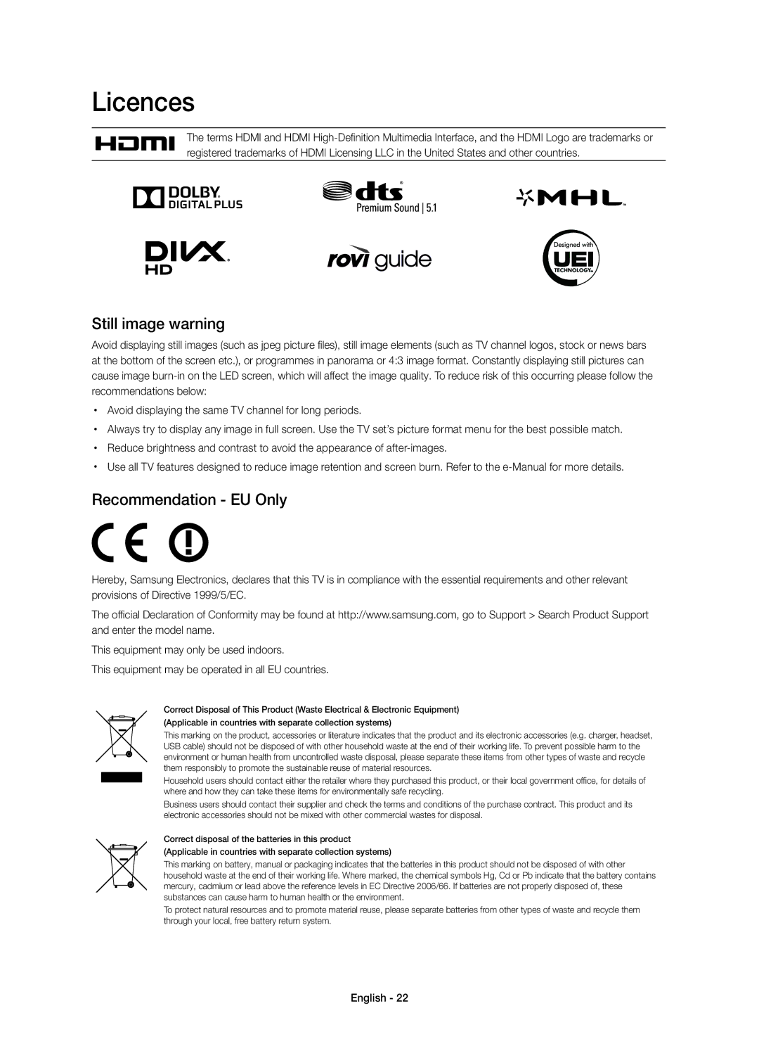 Samsung UE65H8000ATXRU, UE55H8000ATXUZ, UE48H8000ATXMS, UE55H8000ATXMS Licences, Still image warning, Recommendation EU Only 