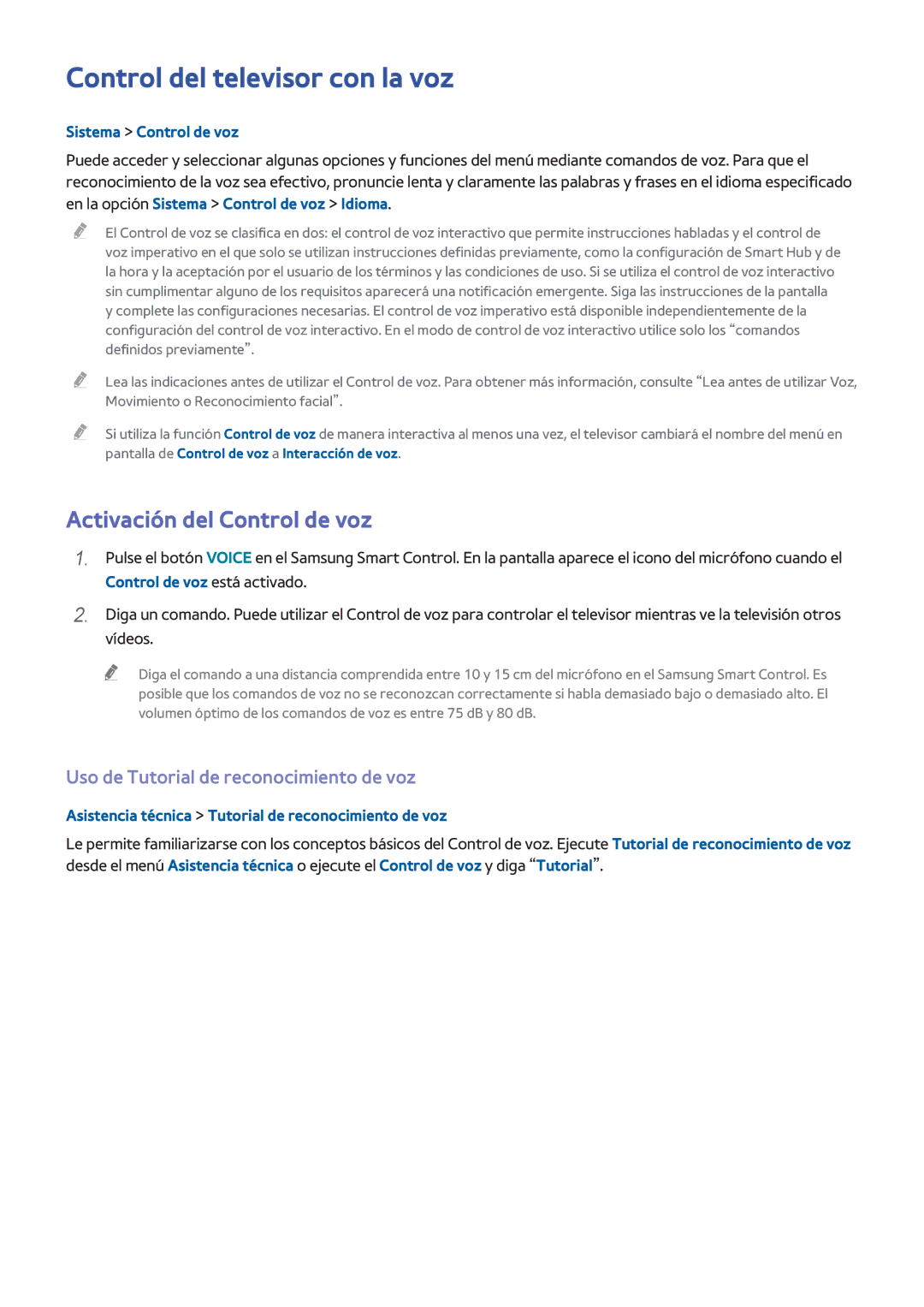 Samsung UE48H8000SLXXH manual Control del televisor con la voz, Activación del Control de voz, Sistema Control de voz 