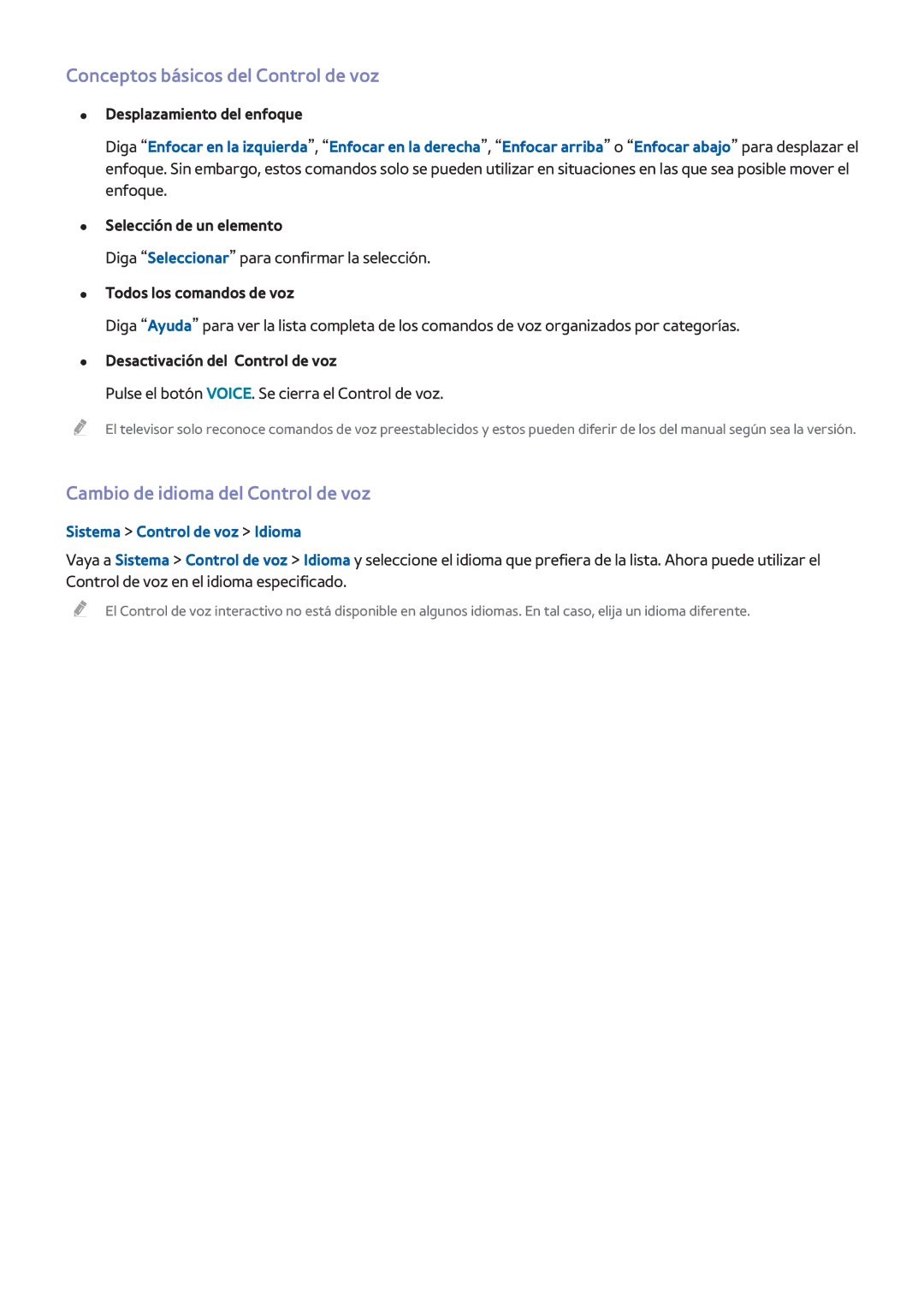 Samsung UE65H8000SLXXC, UE65H8000SLXXH manual Conceptos básicos del Control de voz, Cambio de idioma del Control de voz 