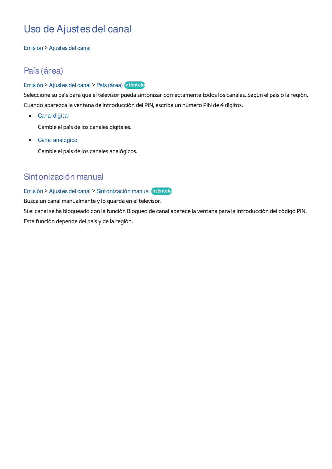 Samsung UE65H8000SLXXC, UE65H8000SLXXH, UE48H8000SLXXC Uso de Ajustes del canal, País área, Sintonización manual 