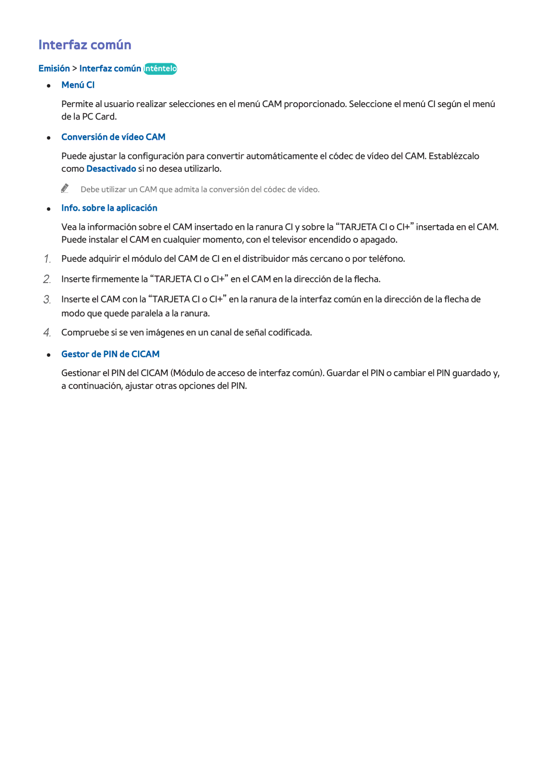 Samsung UE55H8000SLXXH manual Interfaz común, Conversión de vídeo CAM, Info. sobre la aplicación, Gestor de PIN de Cicam 