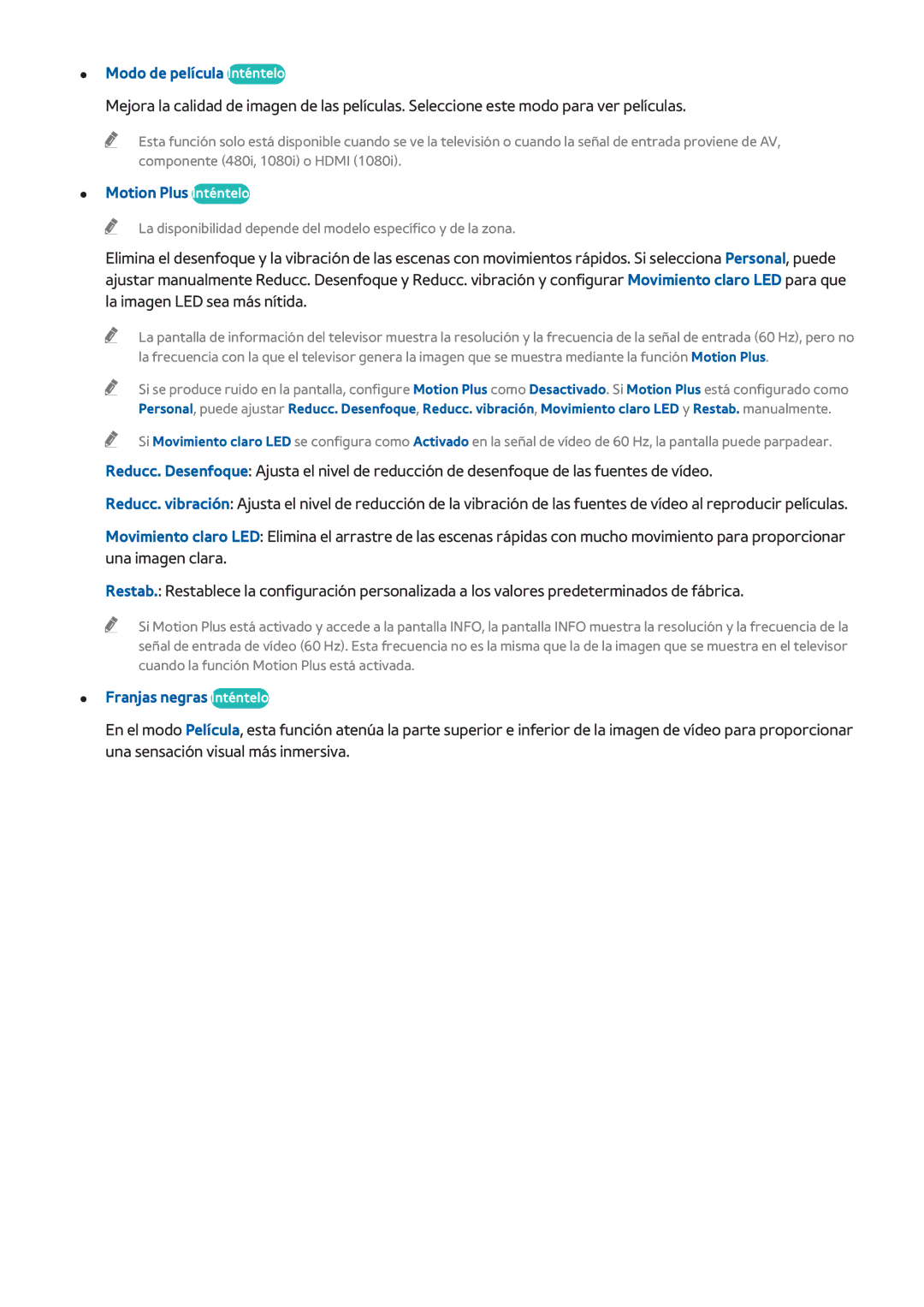 Samsung UE55H8000SLXXH, UE65H8000SLXXH manual Modo de película Inténtelo, Motion Plus Inténtelo, Franjas negras Inténtelo 