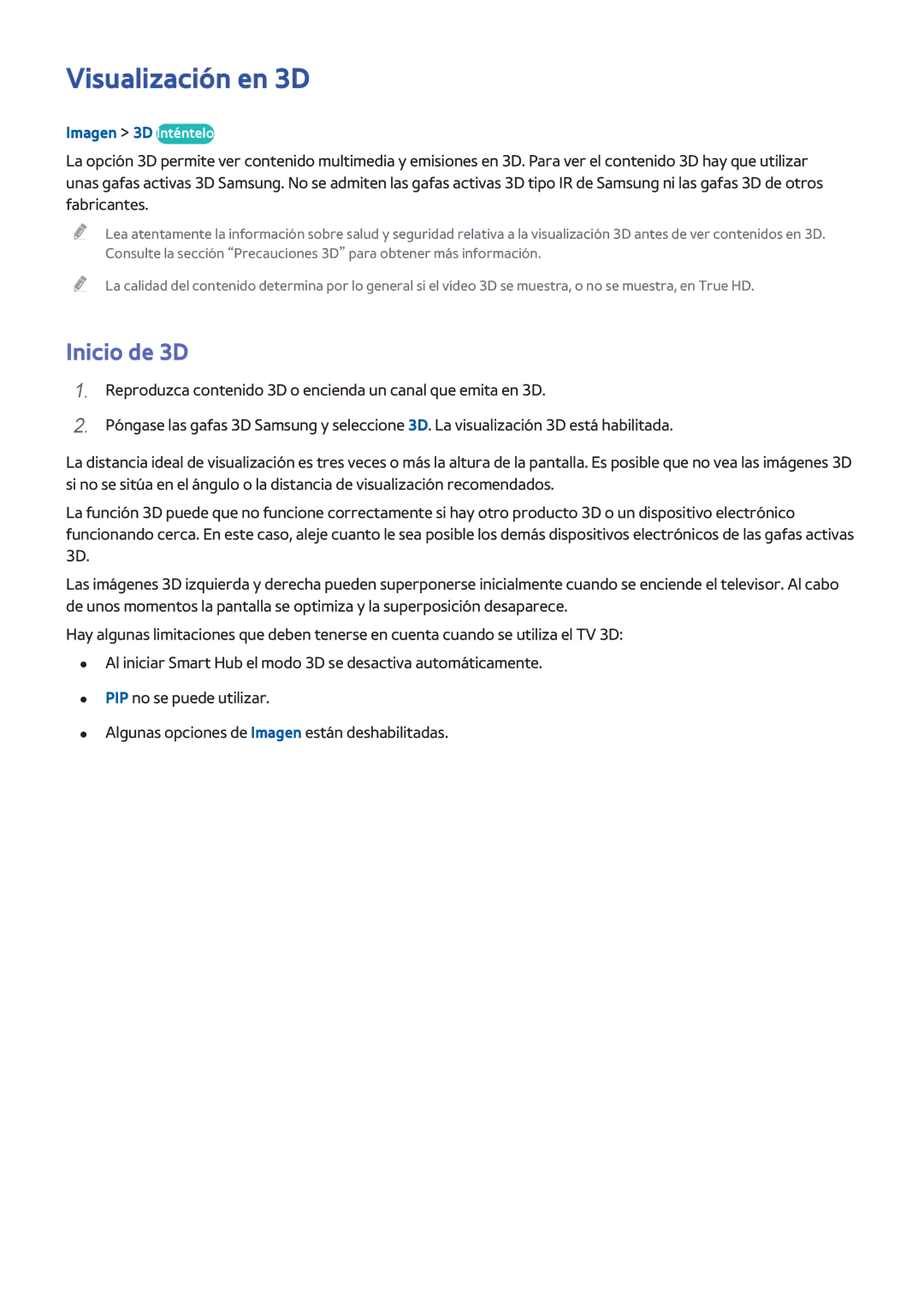 Samsung UE48H8000SLXXH, UE65H8000SLXXH, UE48H8000SLXXC manual Visualización en 3D, Inicio de 3D, Imagen 3D Inténtelo 