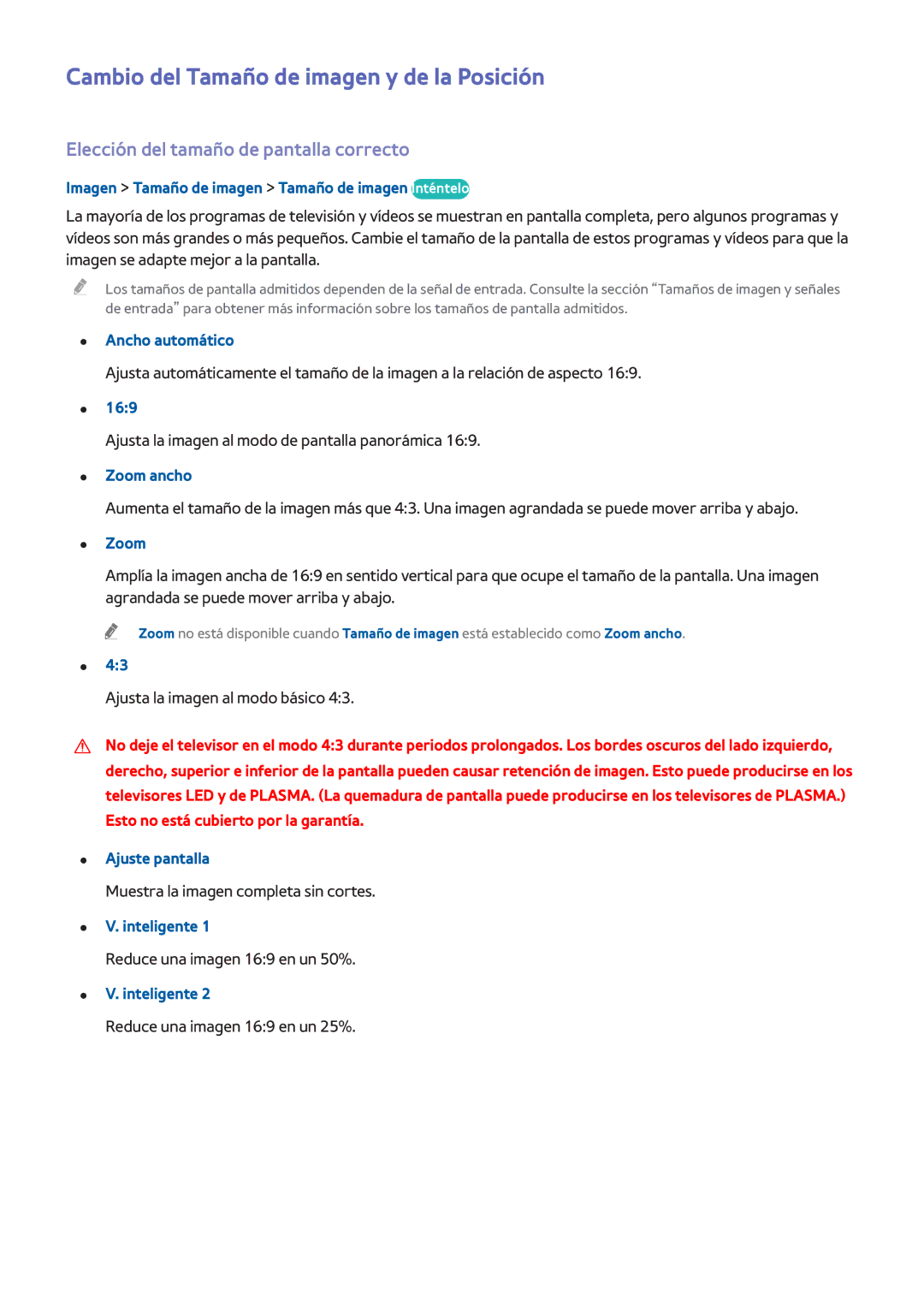 Samsung UE48H8000SLXXC manual Cambio del Tamaño de imagen y de la Posición, Elección del tamaño de pantalla correcto 