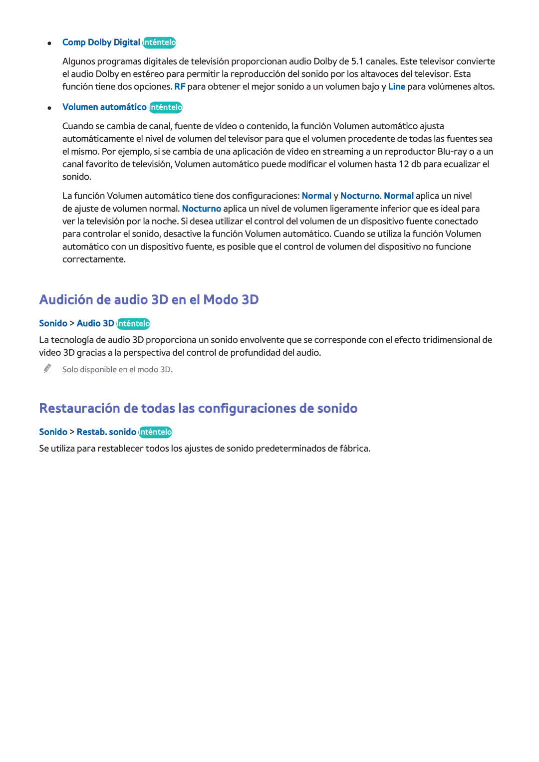 Samsung UE65H8000SLXXC manual Audición de audio 3D en el Modo 3D, Restauración de todas las configuraciones de sonido 