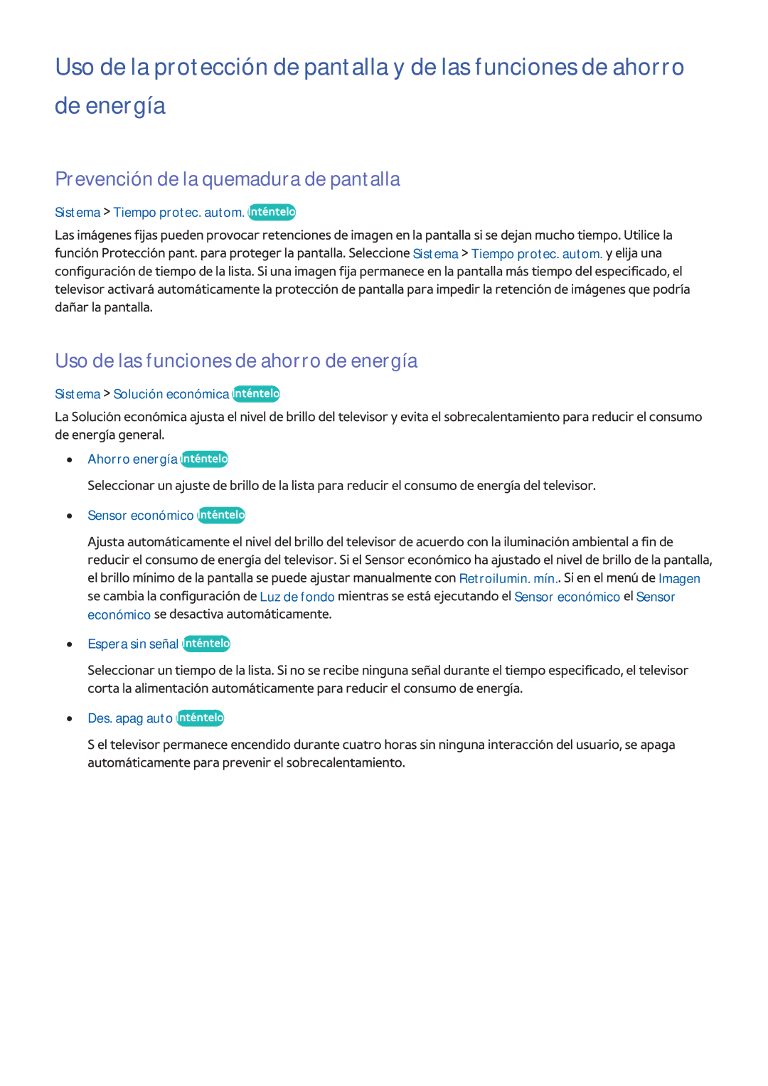 Samsung UE55H8000SLXXH, UE65H8000SLXXH Prevención de la quemadura de pantalla, Uso de las funciones de ahorro de energía 