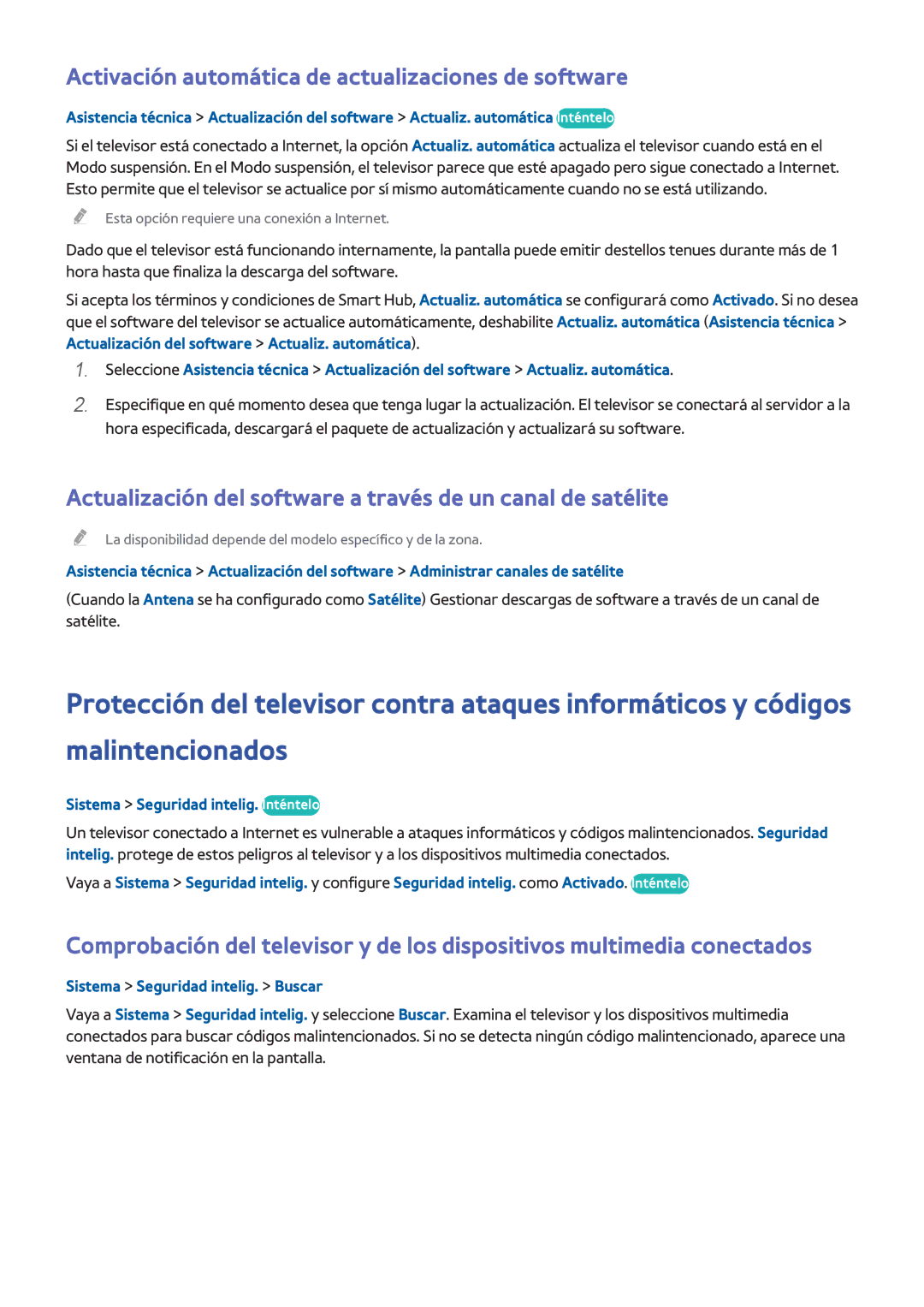 Samsung UE55H8000SLXXH manual Activación automática de actualizaciones de software, Sistema Seguridad intelig. Inténtelo 