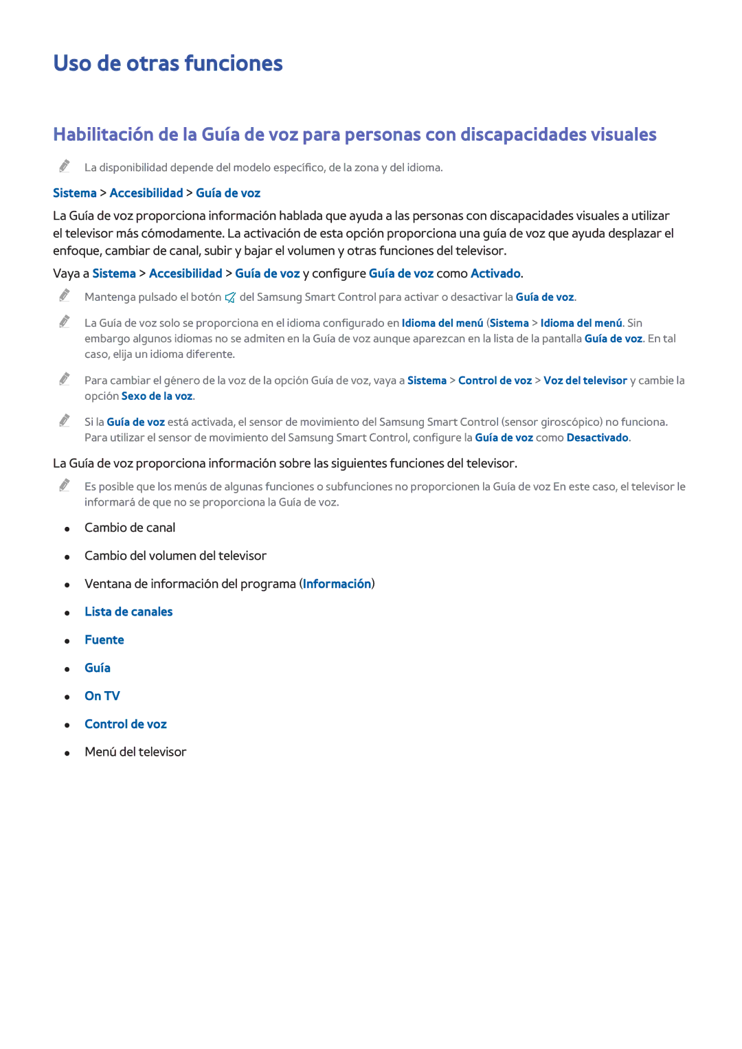Samsung UE65H8000SLXXC, UE65H8000SLXXH manual Uso de otras funciones, Sistema Accesibilidad Guía de voz, Menú del televisor 