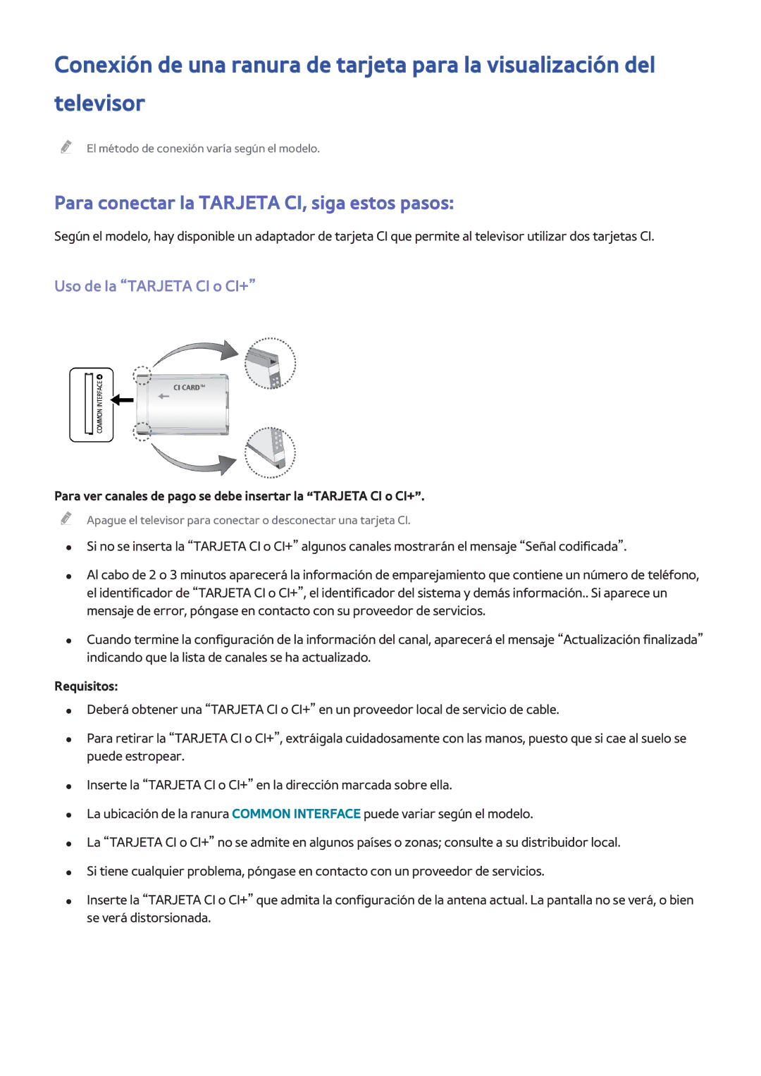 Samsung UE48H8000SLXXC, UE65H8000SLXXH manual Para conectar la Tarjeta CI, siga estos pasos, Uso de la Tarjeta CI o CI+ 