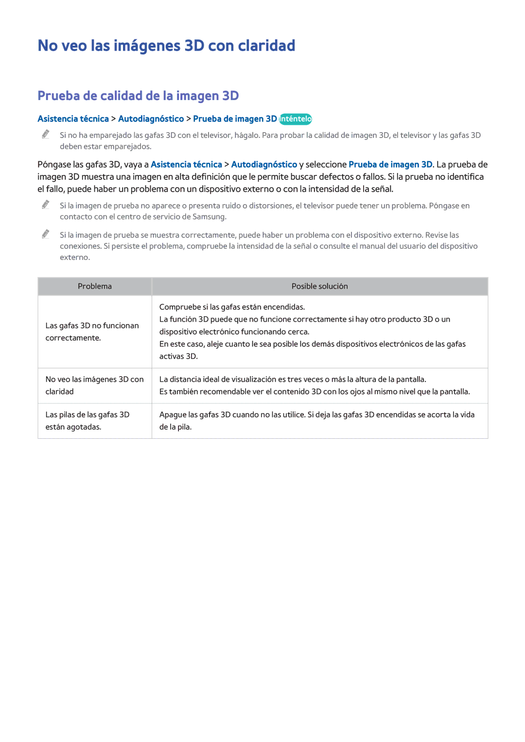 Samsung UE65H8000SLXXH, UE48H8000SLXXC manual No veo las imágenes 3D con claridad, Prueba de calidad de la imagen 3D 