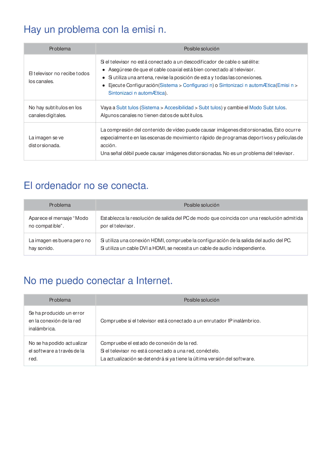 Samsung UE48H8000SLXXC manual Hay un problema con la emisión, El ordenador no se conecta, No me puedo conectar a Internet 