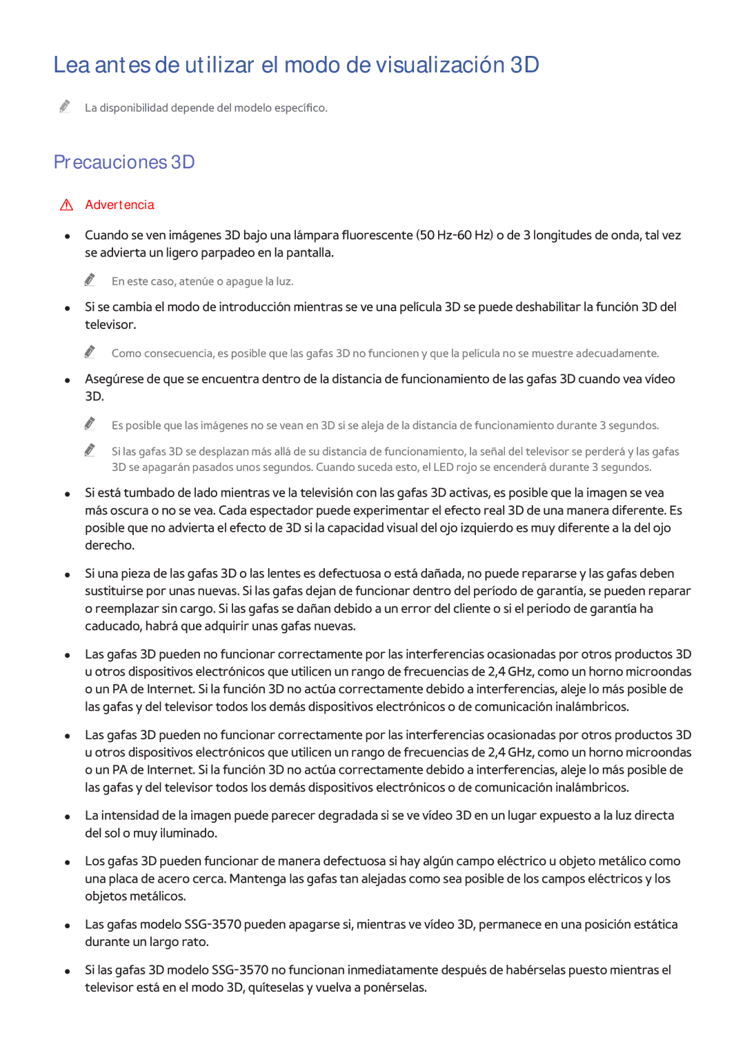Samsung UE55H8000SLXXC, UE65H8000SLXXH, UE48H8000SLXXC Lea antes de utilizar el modo de visualización 3D, Precauciones 3D 