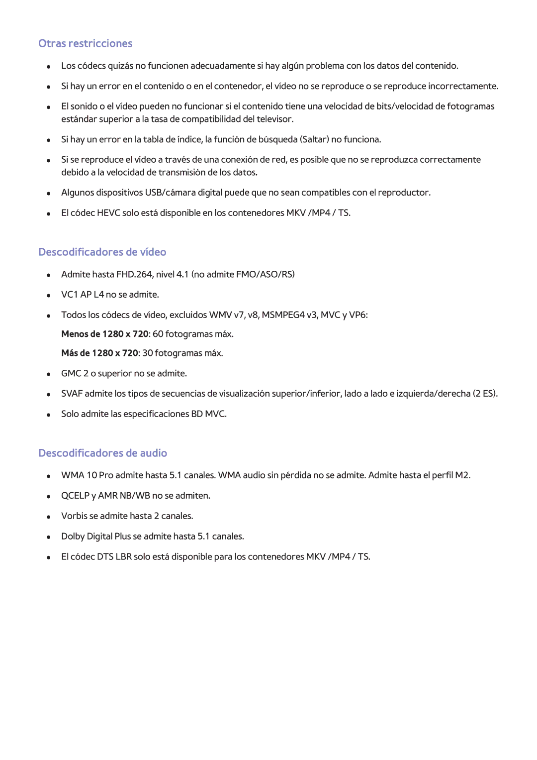 Samsung UE48H8000SLXXH, UE65H8000SLXXH manual Otras restricciones, Descodificadores de vídeo, Descodificadores de audio 