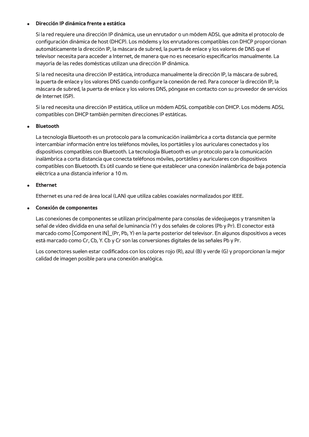 Samsung UE55H8000SLXXH manual Dirección IP dinámica frente a estática, Bluetooth, Ethernet, Conexión de componentes 
