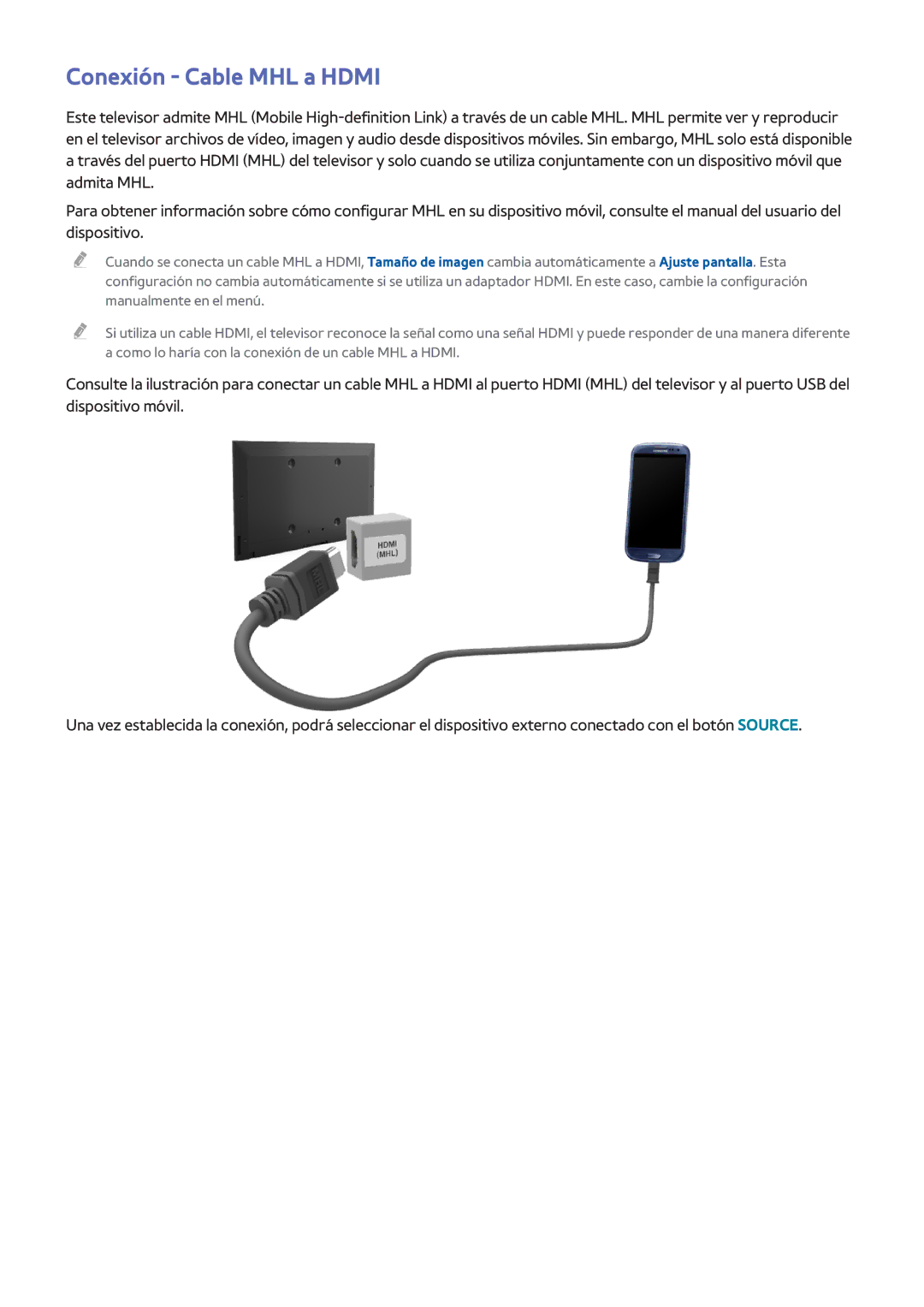 Samsung UE48H8000SLXXH, UE65H8000SLXXH, UE48H8000SLXXC, UE55H8000SLXXH, UE65H8000SLXXC manual Conexión Cable MHL a Hdmi 