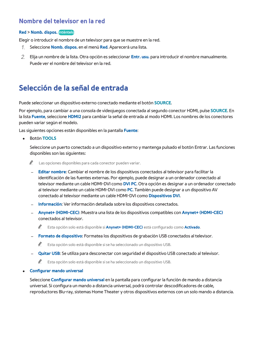 Samsung UE48H8000SLXXC manual Selección de la señal de entrada, Nombre del televisor en la red, Red Nomb. dispos. Inténtelo 