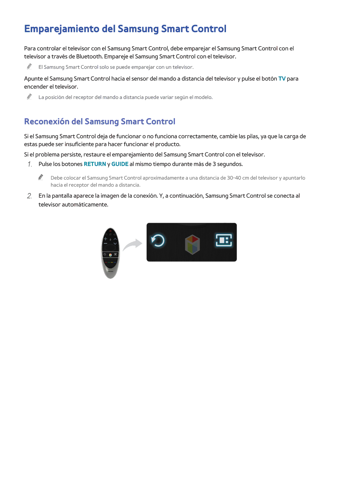 Samsung UE48H8000SLXXH, UE65H8000SLXXH manual Emparejamiento del Samsung Smart Control, Reconexión del Samsung Smart Control 