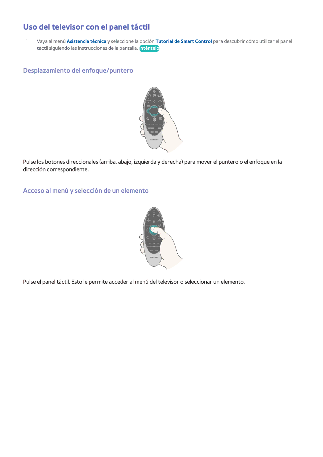 Samsung UE48H8000SLXXC, UE65H8000SLXXH manual Uso del televisor con el panel táctil, Desplazamiento del enfoque/puntero 