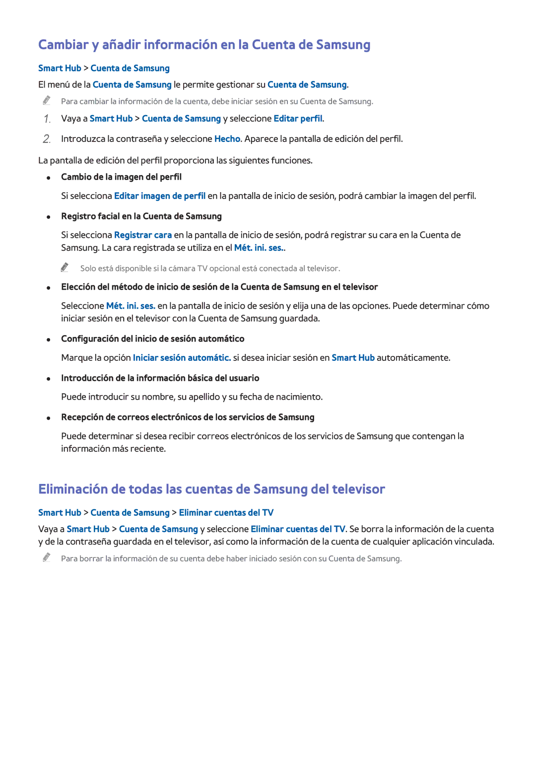 Samsung UE55H8000SLXXH, UE65H8000SLXXH Cambiar y añadir información en la Cuenta de Samsung, Smart Hub Cuenta de Samsung 