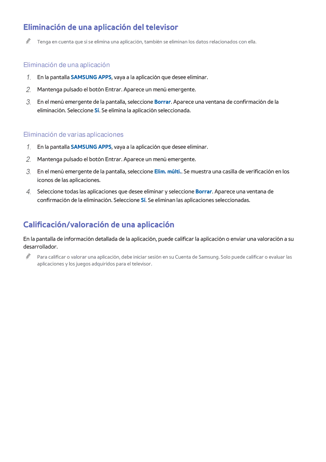 Samsung UE48H8000SLXXC manual Eliminación de una aplicación del televisor, Calificación/valoración de una aplicación 