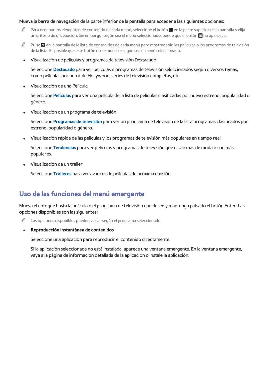 Samsung UE48H8000SLXXH, UE65H8000SLXXH Uso de las funciones del menú emergente, Reproducción instantánea de contenidos 