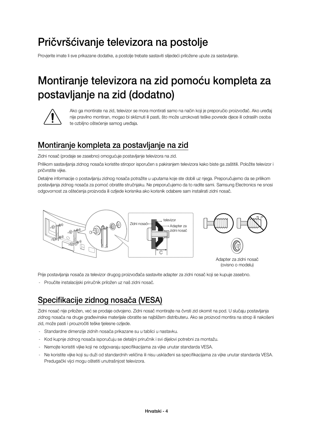 Samsung UE65H8000SLXZF, UE65H8000SLXXH Pričvršćivanje televizora na postolje, Montiranje kompleta za postavljanje na zid 