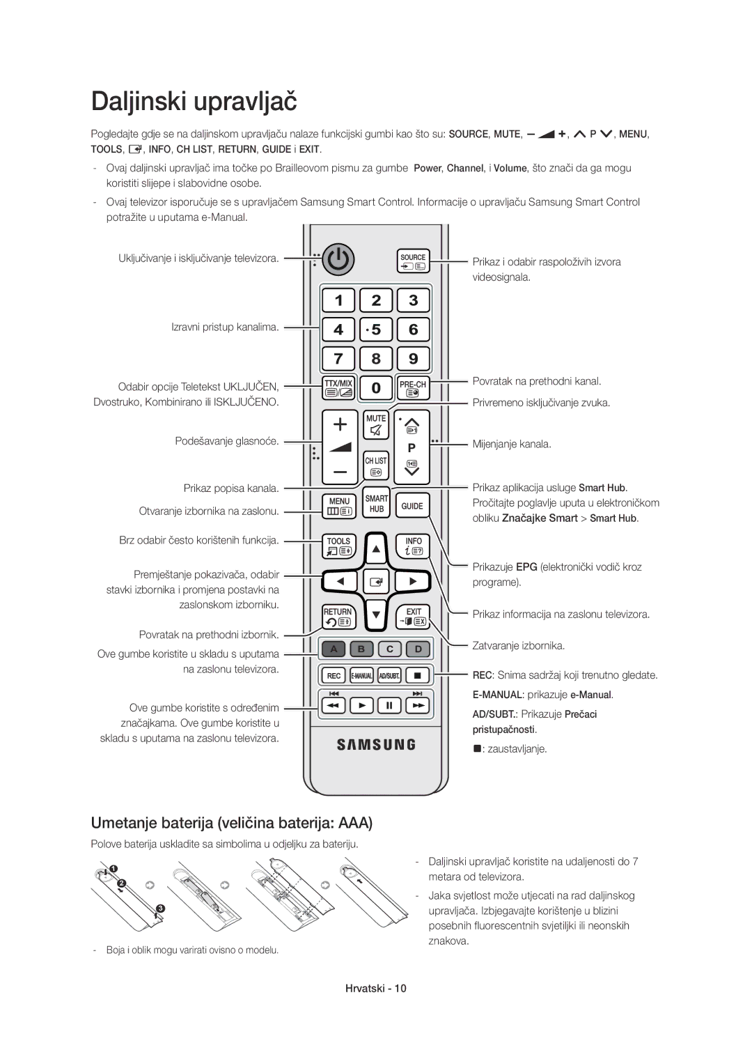 Samsung UE48H8000STXXH, UE65H8000SLXXH, UE48H8000SLXXC manual Daljinski upravljač, Umetanje baterija veličina baterija AAA 