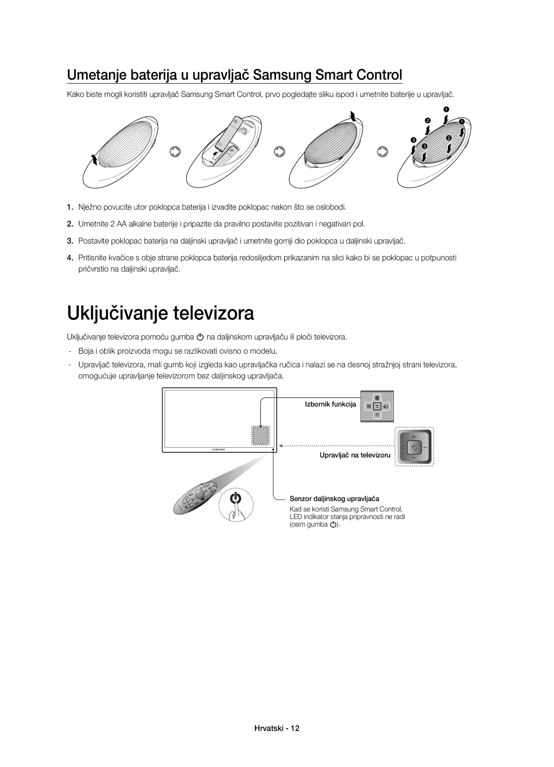 Samsung UE65H8000STXXU, UE65H8000SLXXH manual Uključivanje televizora, Umetanje baterija u upravljač Samsung Smart Control 