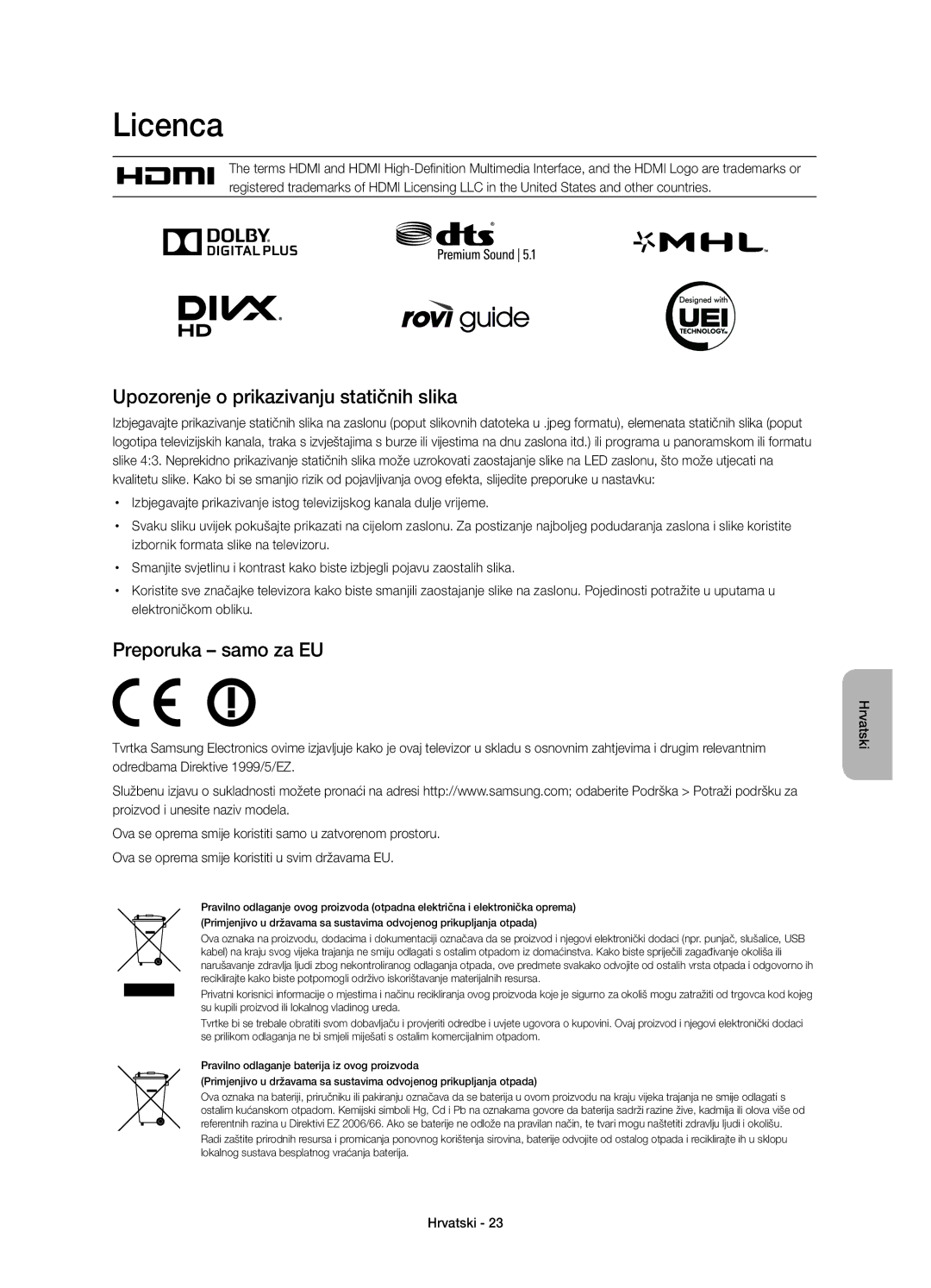 Samsung UE65H8000STXXH Licenca, Upozorenje o prikazivanju statičnih slika, Preporuka samo za EU, Elektroničkom obliku 