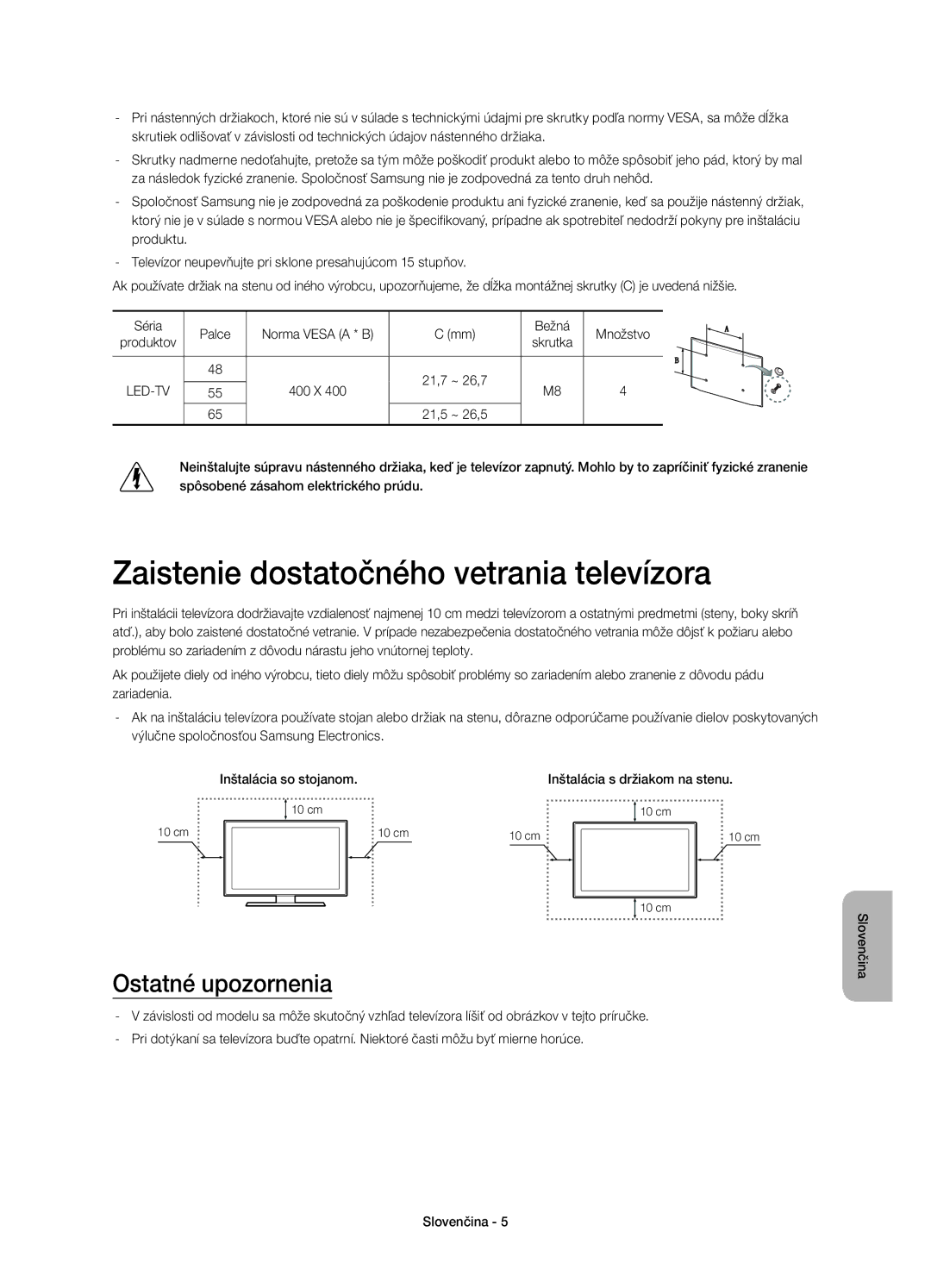 Samsung UE48H8000SLXXN, UE65H8000SLXXH, UE48H8000SLXXC manual Zaistenie dostatočného vetrania televízora, Ostatné upozornenia 