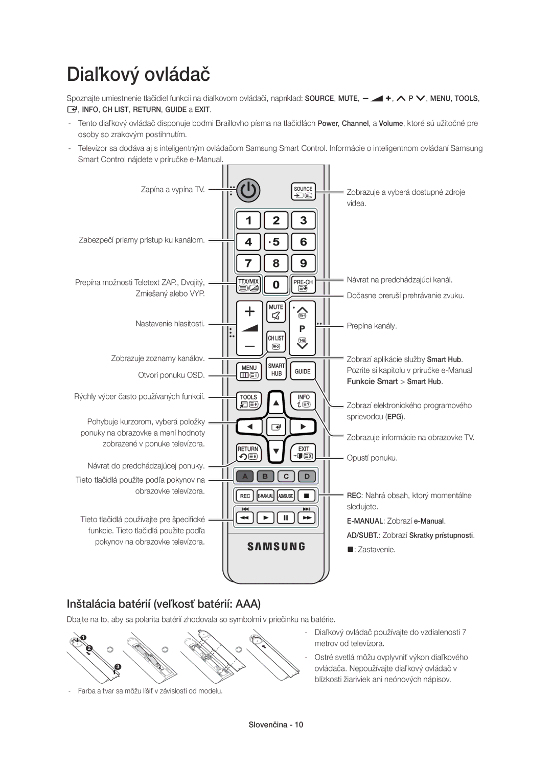 Samsung UE55H8000SLXXH, UE65H8000SLXXH, UE48H8000SLXXC manual Diaľkový ovládač, Inštalácia batérií veľkosť batérií AAA 