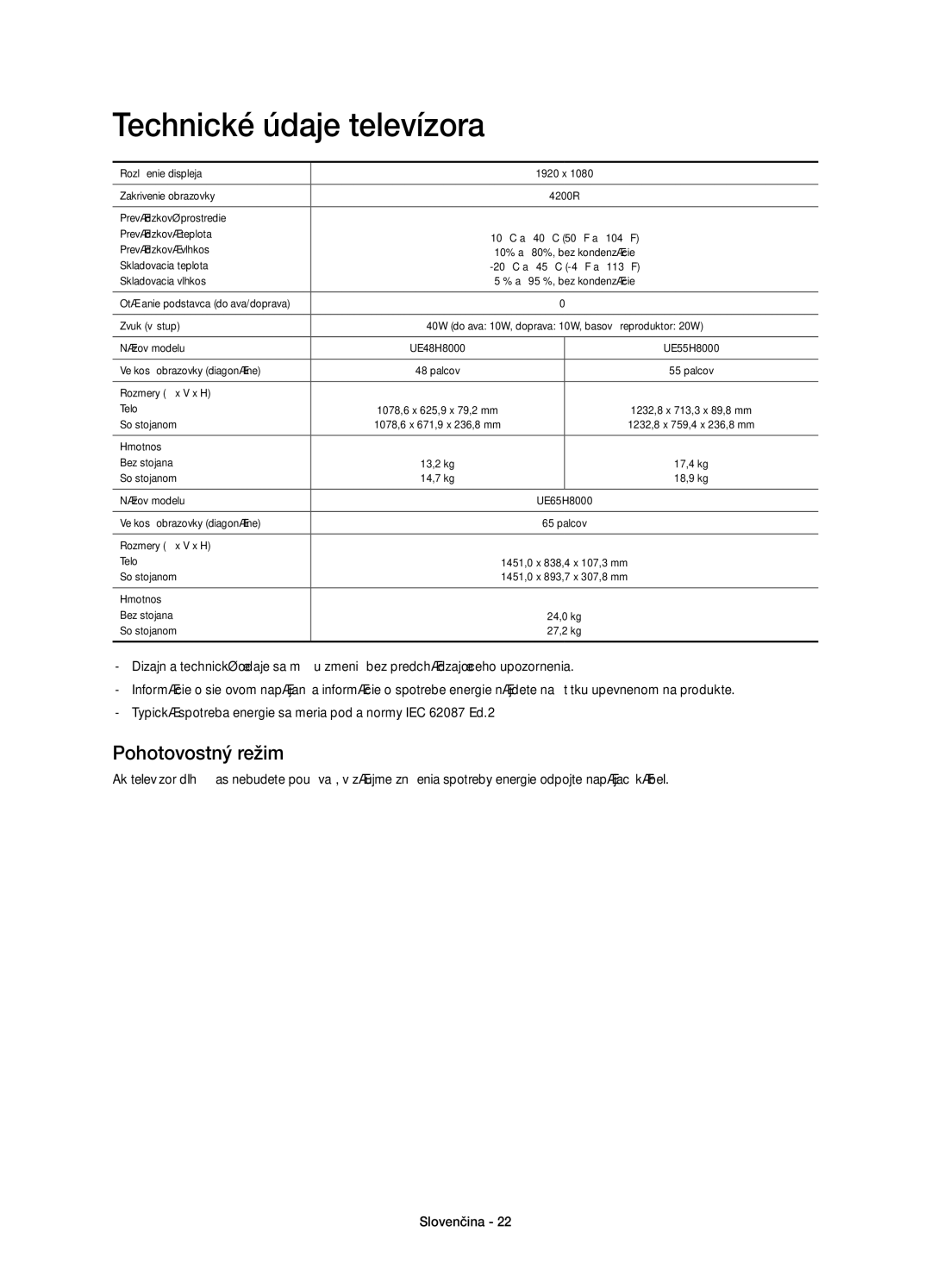 Samsung UE65H8000STXXU, UE65H8000SLXXH, UE48H8000SLXXC, UE55H8000SLXXH manual Technické údaje televízora, Pohotovostný režim 