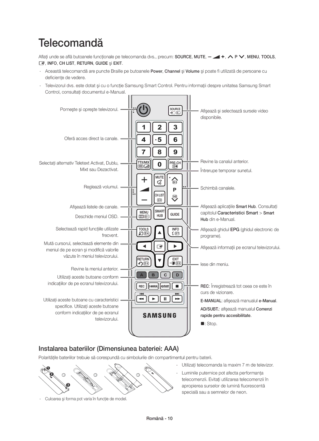 Samsung UE65H8000SLXZF, UE65H8000SLXXH, UE48H8000SLXXC manual Telecomandă, Instalarea bateriilor Dimensiunea bateriei AAA 