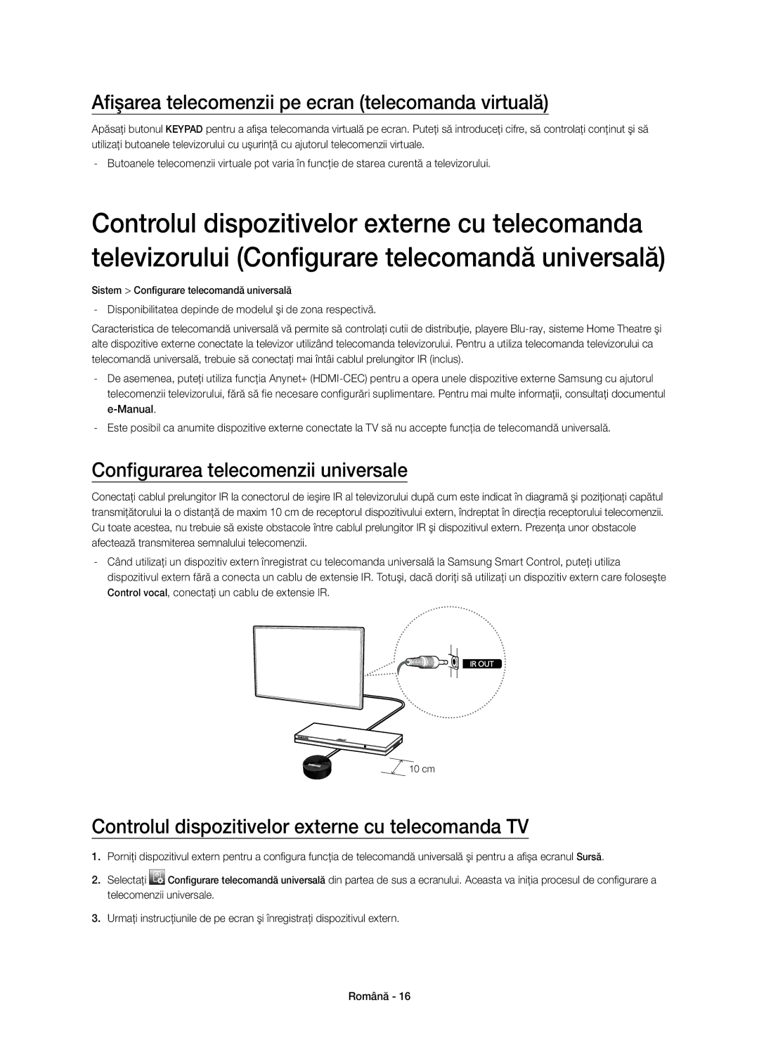 Samsung UE48H8000STXXH manual Afişarea telecomenzii pe ecran telecomanda virtuală, Configurarea telecomenzii universale 