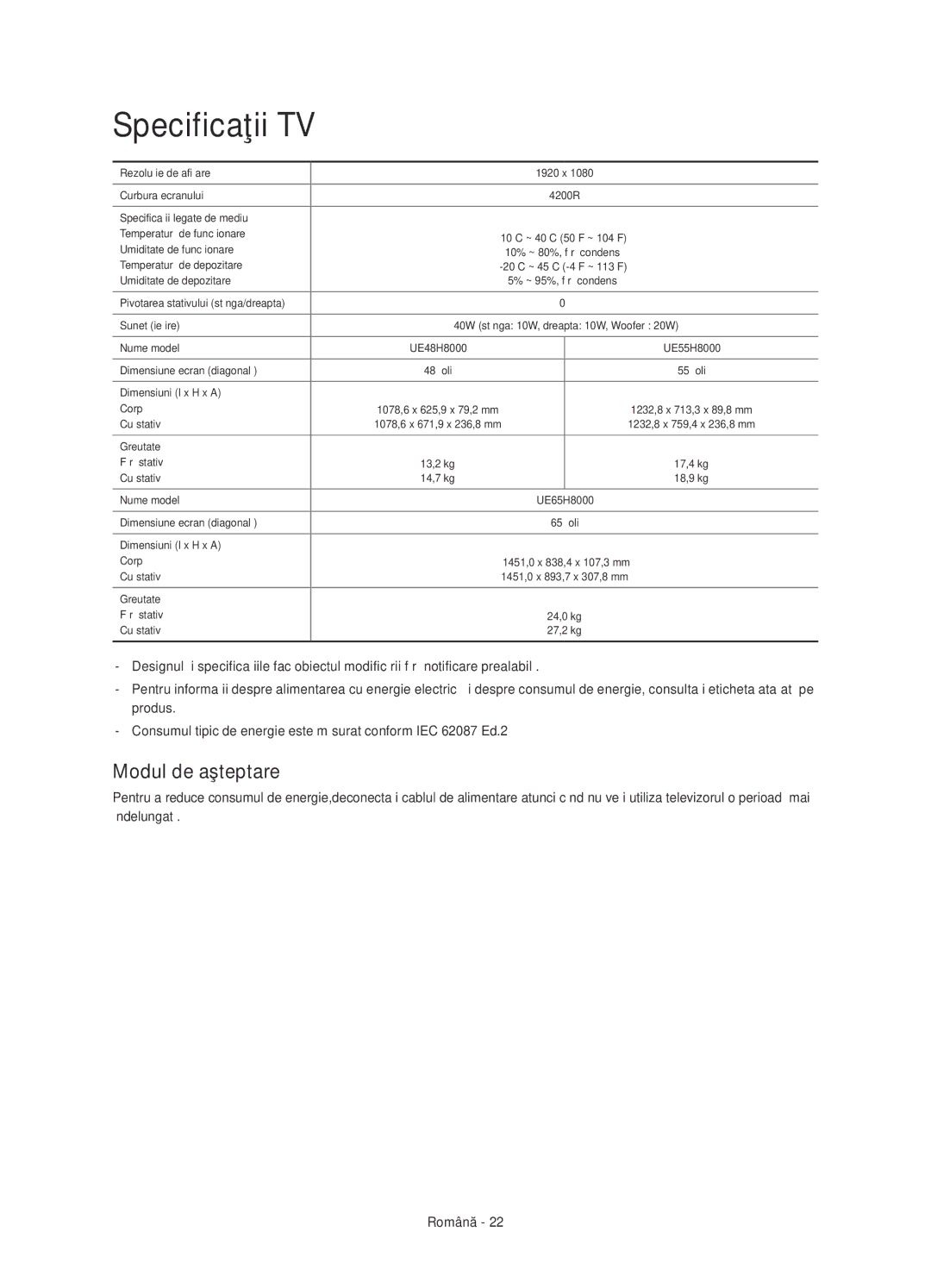 Samsung UE65H8000SLXXH, UE48H8000SLXXC, UE55H8000SLXXH, UE48H8000SLXXH, UE48H8000SLXZF Specificaţii TV, Modul de aşteptare 