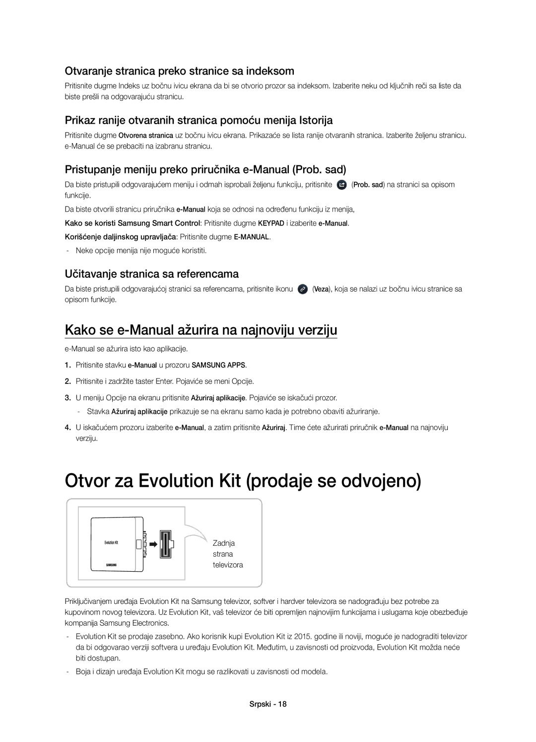 Samsung UE65H8000SLXXH manual Otvor za Evolution Kit prodaje se odvojeno, Kako se e-Manual ažurira na najnoviju verziju 