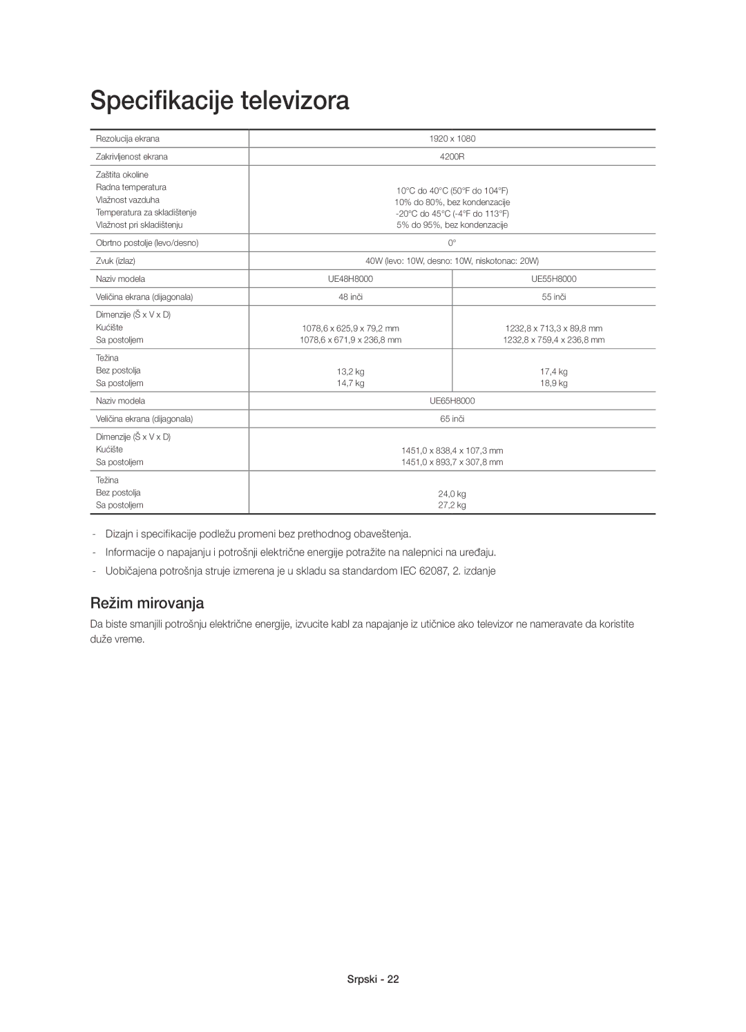 Samsung UE48H8000SLXZF, UE65H8000SLXXH, UE48H8000SLXXC, UE55H8000SLXXH manual Specifikacije televizora, Režim mirovanja 