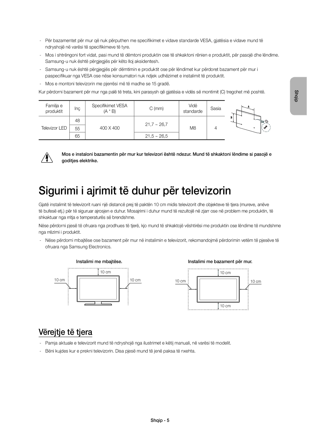 Samsung UE55H8000SLXXN, UE65H8000SLXXH, UE48H8000SLXXC manual Sigurimi i ajrimit të duhur për televizorin, Vërejtje të tjera 