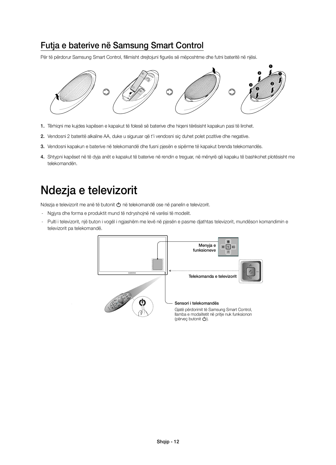 Samsung UE48H8000STXXU, UE65H8000SLXXH, UE48H8000SLXXC manual Ndezja e televizorit, Futja e baterive në Samsung Smart Control 