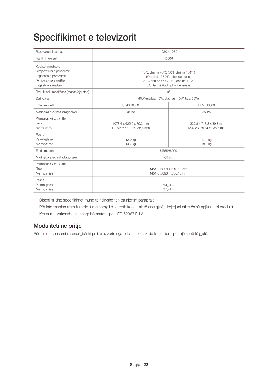 Samsung UE65H8000SLXXN, UE65H8000SLXXH, UE48H8000SLXXC, UE55H8000SLXXH manual Specifikimet e televizorit, Modaliteti në pritje 