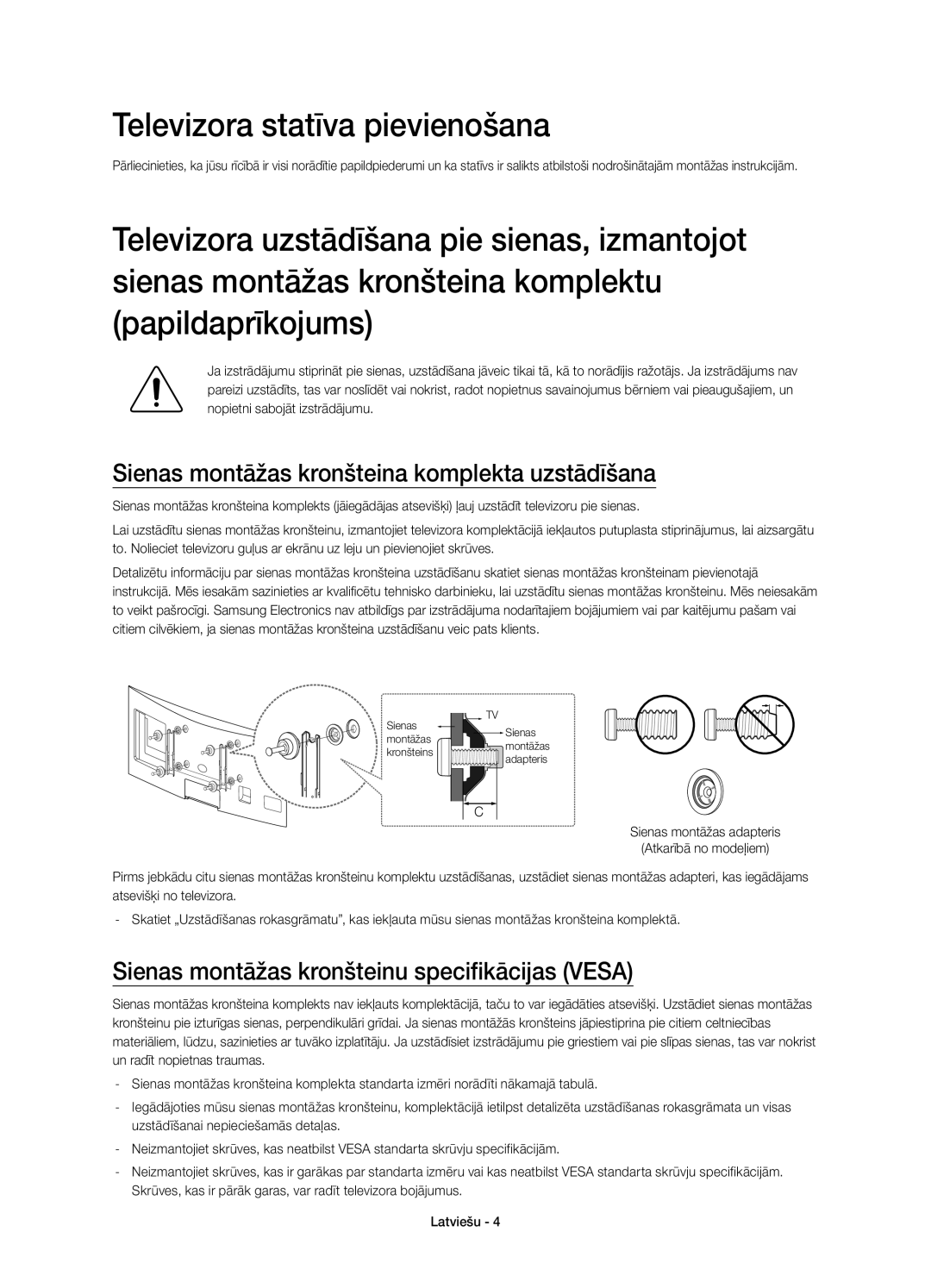 Samsung UE55H8000SLXXH, UE65H8000SLXXH Televizora statīva pievienošana, Sienas montāžas kronšteina komplekta uzstādīšana 