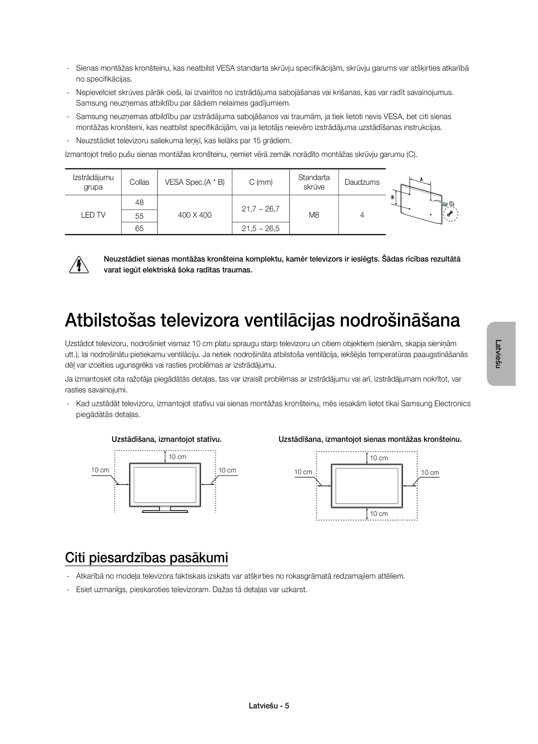 Samsung UE48H8000SLXXH Atbilstošas televizora ventilācijas nodrošināšana, Citi piesardzības pasākumi, Standarta Daudzums 