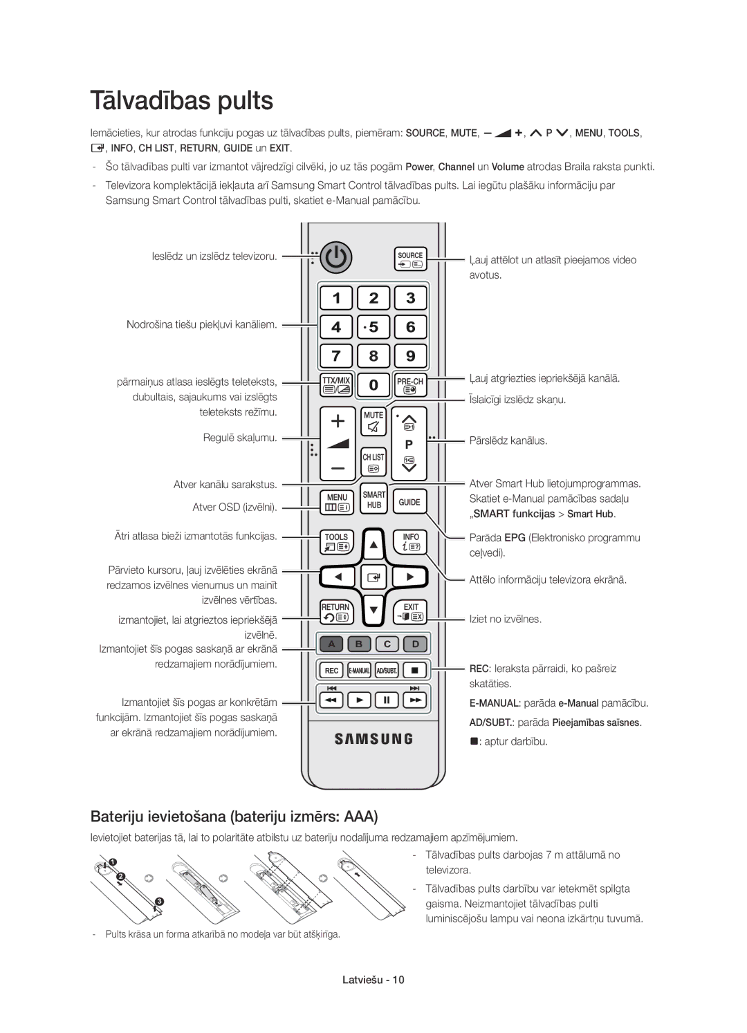 Samsung UE65H8000SLXXN, UE65H8000SLXXH, UE48H8000SLXXC manual Tālvadības pults, Bateriju ievietošana bateriju izmērs AAA 