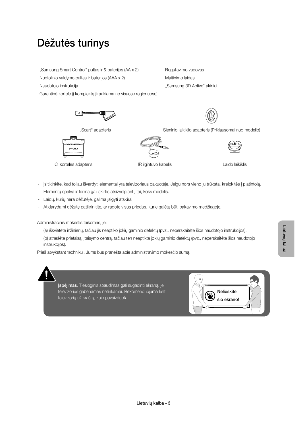 Samsung UE55H8000SLXZF, UE65H8000SLXXH manual Dėžutės turinys, „Scart adapteris, CI kortelės adapteris IR ilgintuvo kabelis 