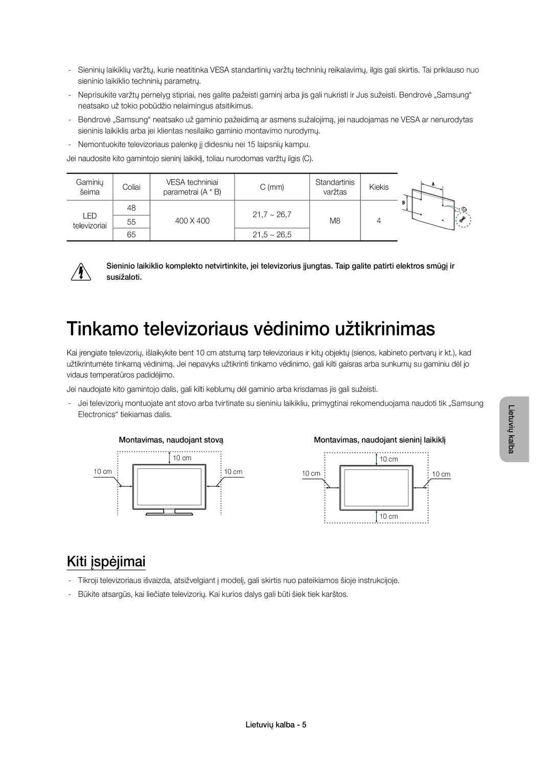 Samsung UE65H8000STXXH Tinkamo televizoriaus vėdinimo užtikrinimas, Kiti įspėjimai, Montavimas, naudojant sieninį laikiklį 