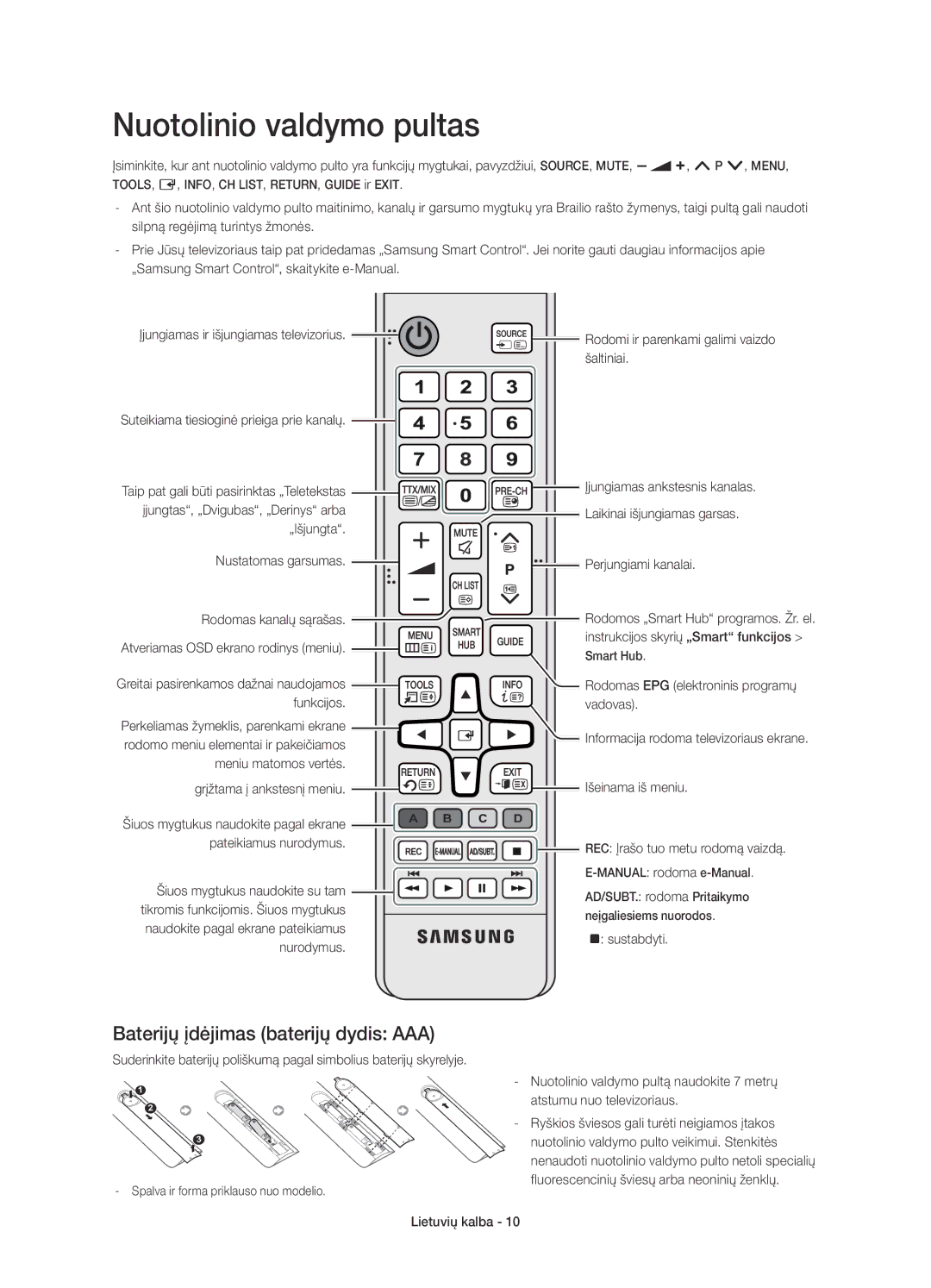 Samsung UE48H8000STXXH, UE65H8000SLXXH, UE48H8000SLXXC manual Nuotolinio valdymo pultas, Baterijų įdėjimas baterijų dydis AAA 