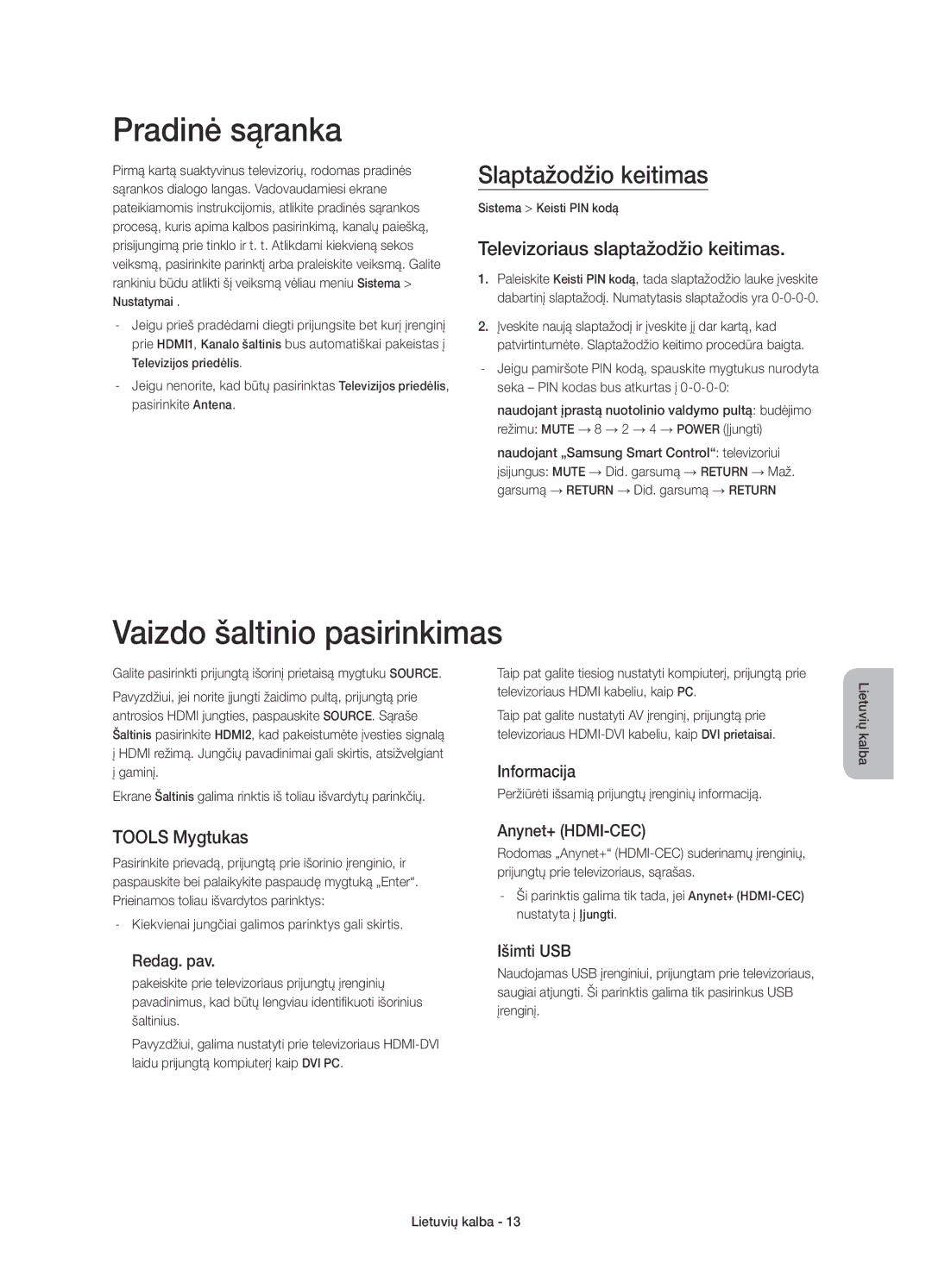 Samsung UE48H8000SLXXN manual Pradinė sąranka, Vaizdo šaltinio pasirinkimas, Slaptažodžio keitimas, Tools Mygtukas 