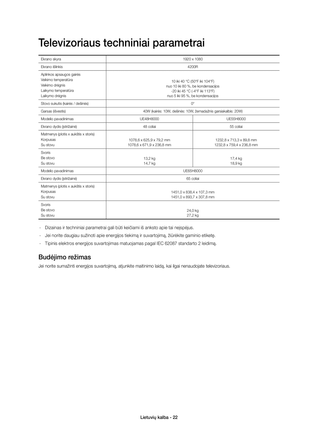 Samsung UE65H8000SLXZF, UE65H8000SLXXH, UE48H8000SLXXC, UE55H8000SLXXH Televizoriaus techniniai parametrai, Budėjimo režimas 