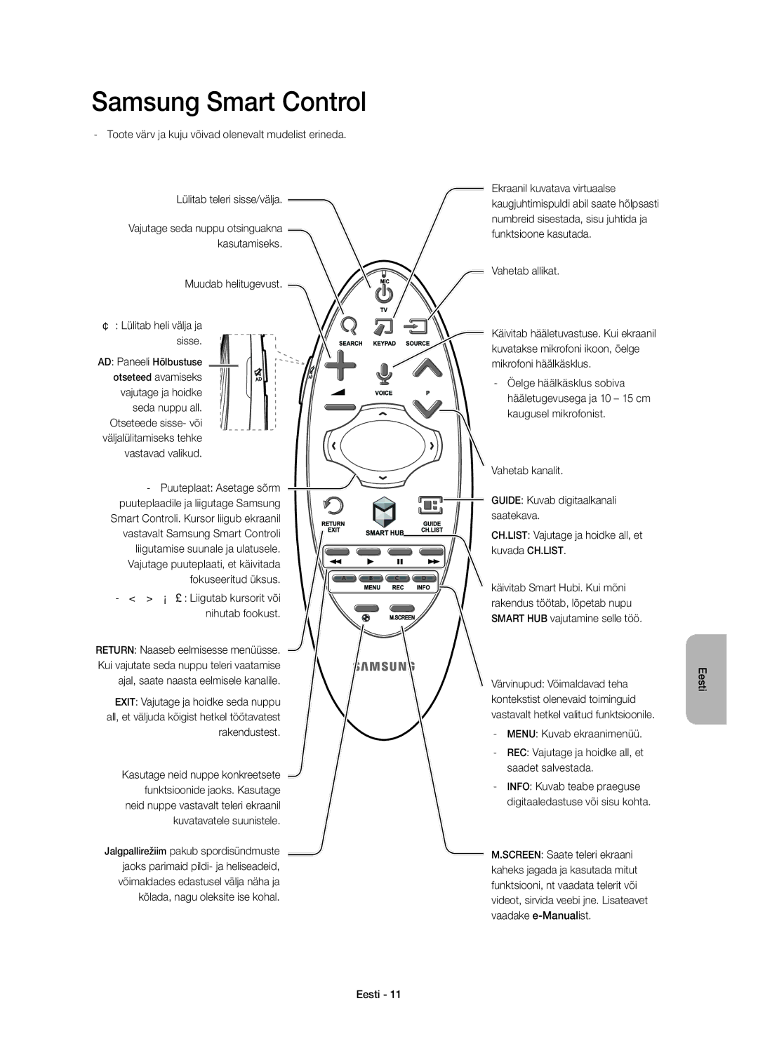 Samsung UE55H8000STXXU manual Muudab helitugevust ¢ Lülitab heli välja ja sisse, Puuteplaat Asetage sõrm, Vahetab allikat 